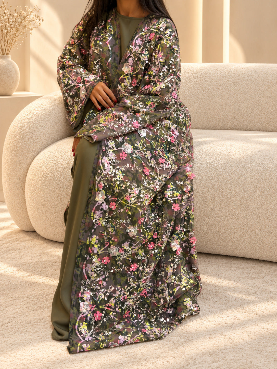 Kimono organza kaki fleuri vu de trois quarts, manches larges évasées