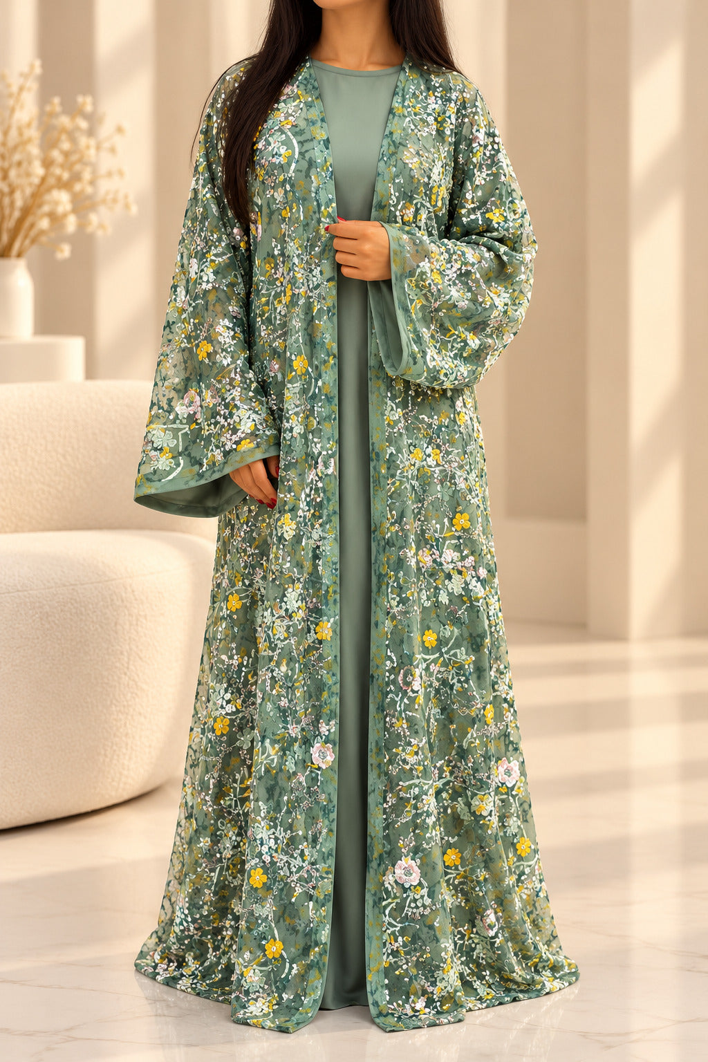 Kimono en organza vert sauge fleuri porté debout, sur sa sous-robe assortie