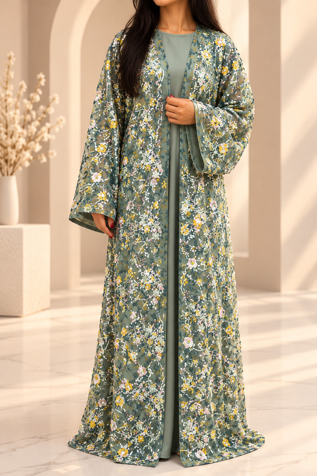 Kimono organza vert sauge semé de fleurs jaunes, blanches et rose pâle brodées