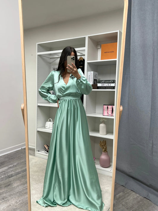 DIANA LONG SATIN DRESS WITH TIE AT THE WAIST